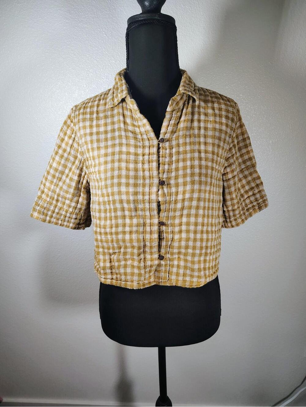 Yellow 100% Cotton Plaid Reversable button up crop top Sz S Western Cowgirl
